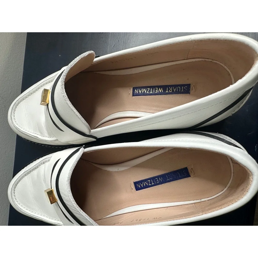 STUART WEITZMAN White Leather Gold Accent Loafers Women's Size 7.5 Made in Spain
